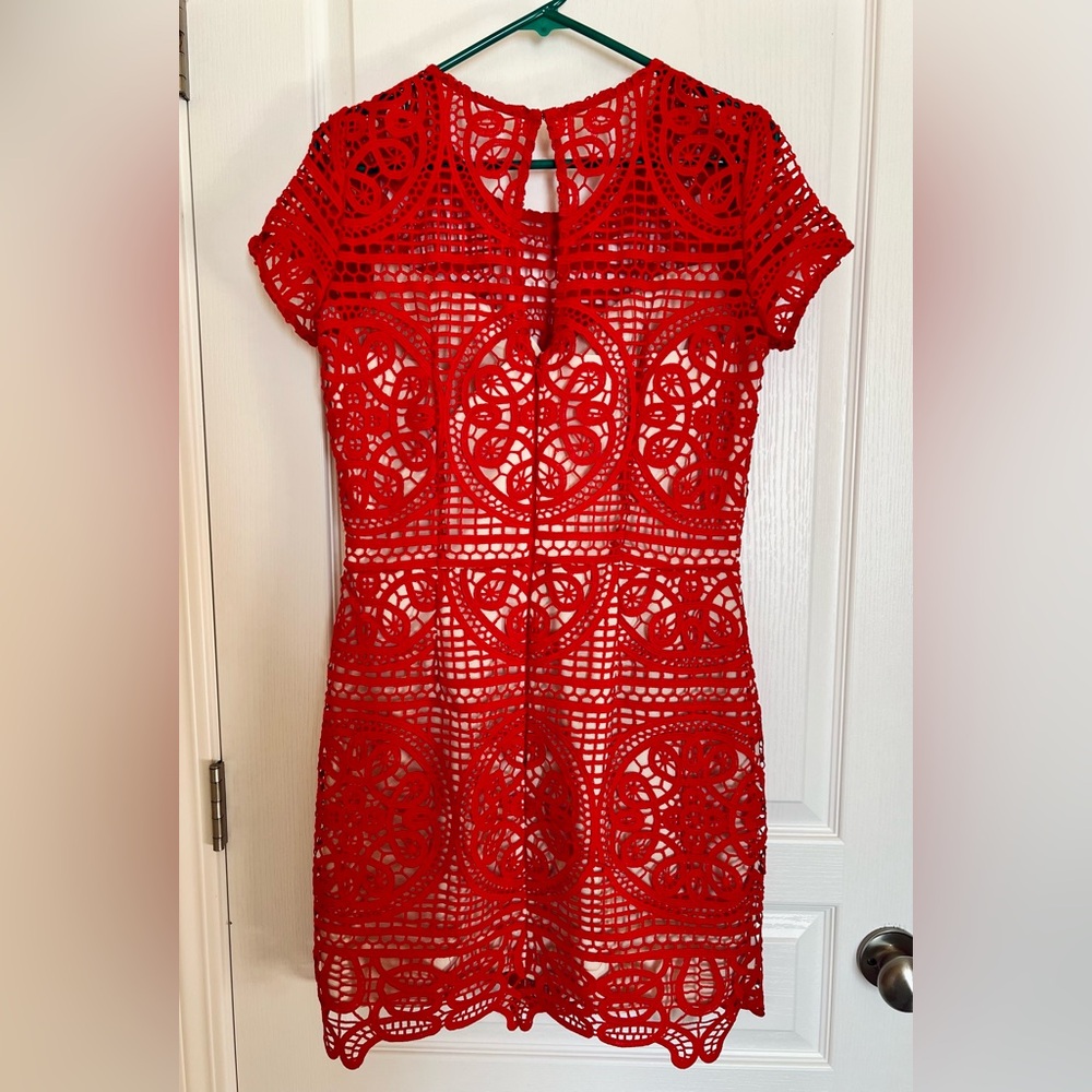 Red Lace Illusion Mini Sheath Dress Size 8 Date Night Wedding guest, Cocktail - Picture 3 of 11